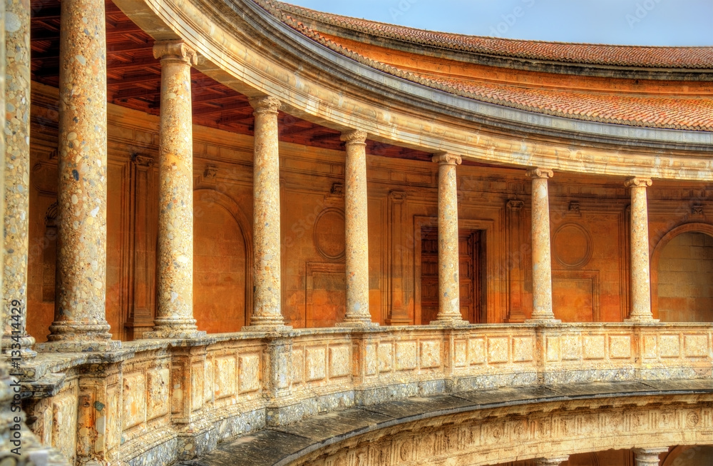 Atrium with columns at the Palace of Charles V, Alhambra fortress in Granada, Spain