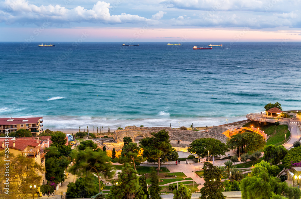 View of Mediterranean Sea and Roman Amphitheatre in Tarragona, Spain