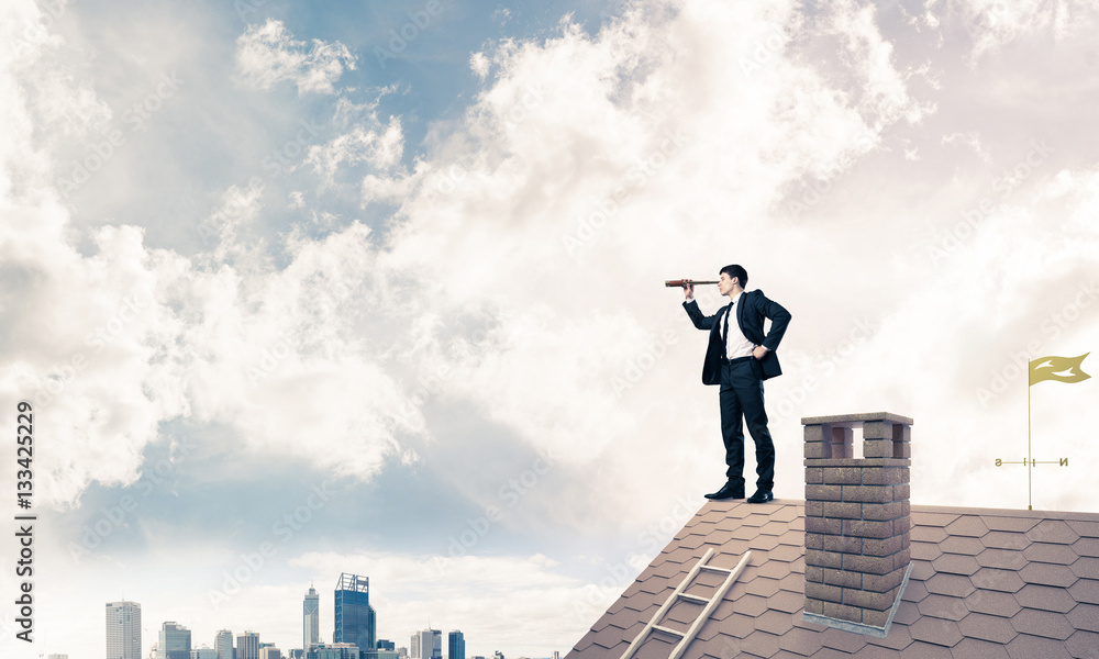 Mister boss on brick roof in search of something new. Mixed medi