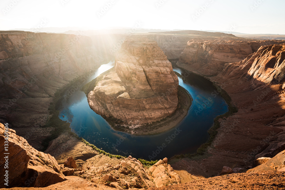 Wide-angle view of Horseshoe Bend at sunset, Arizona, American Southwest, USA