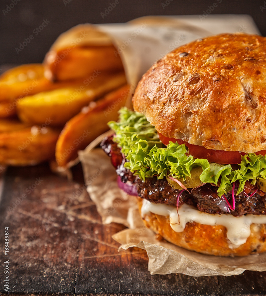 Home made hamburger with lettuce and cheese