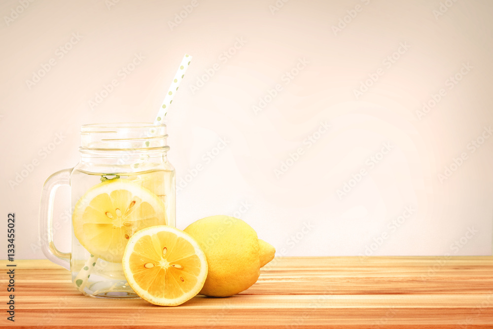  Citrus lemonade water with lemon sliced , healthy and detox 