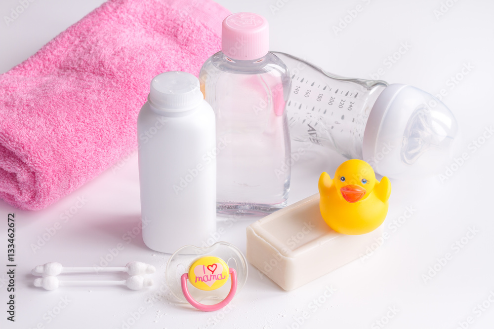 baby organic cosmetic for bath on white bakground