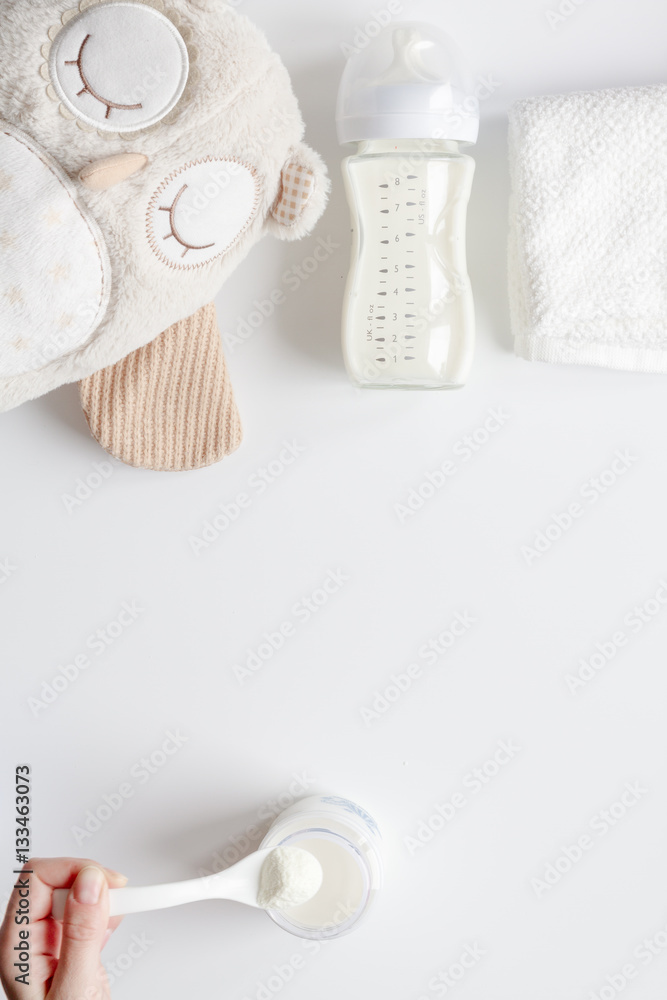 preparation of mixture baby feeding on white background top view