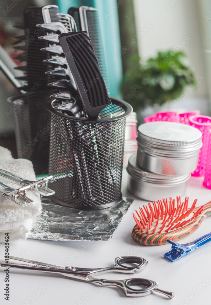 hairdresser working desk preparation for cutting hair