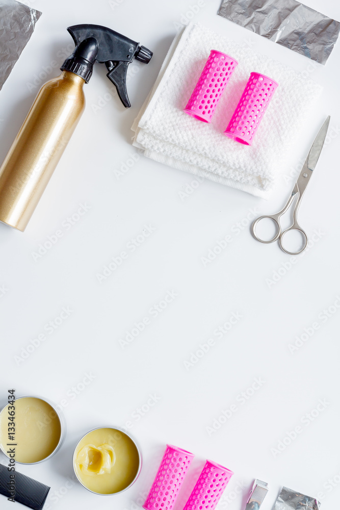 hairdresser working desk preparation for cutting hair top view