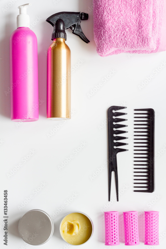 hairdresser working desk preparation for cutting hair top view