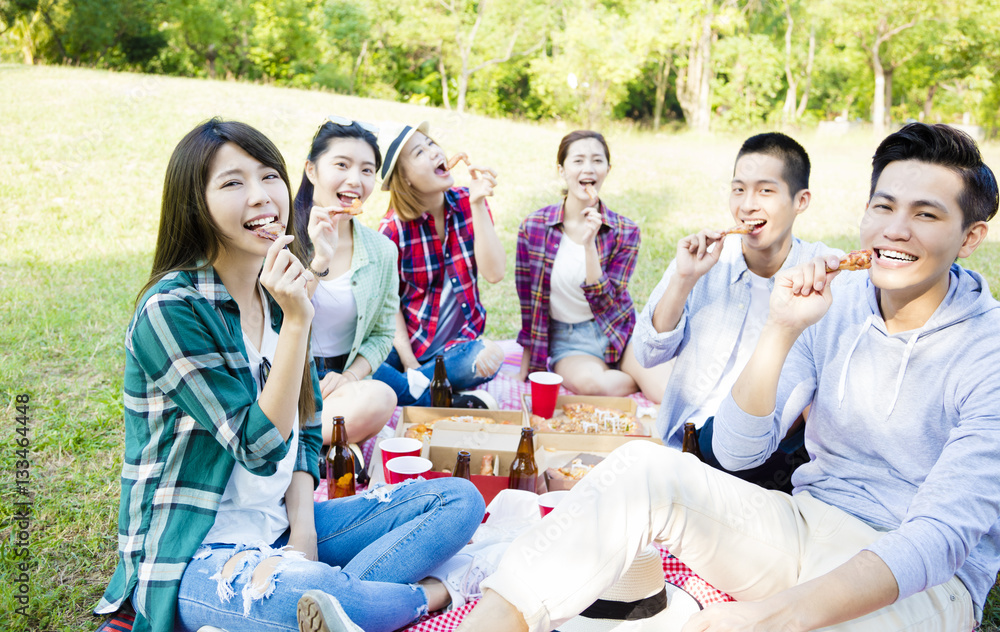 happy young friends enjoying  healthy picnic