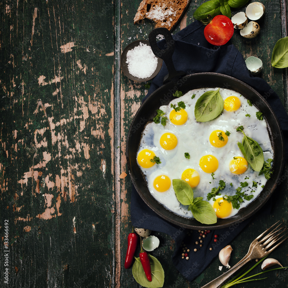 Pan of fried eggs, top view