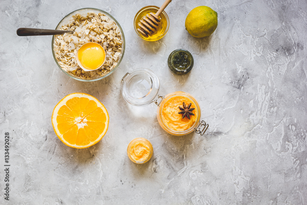 organic citrus scrub homemade on gray background top view