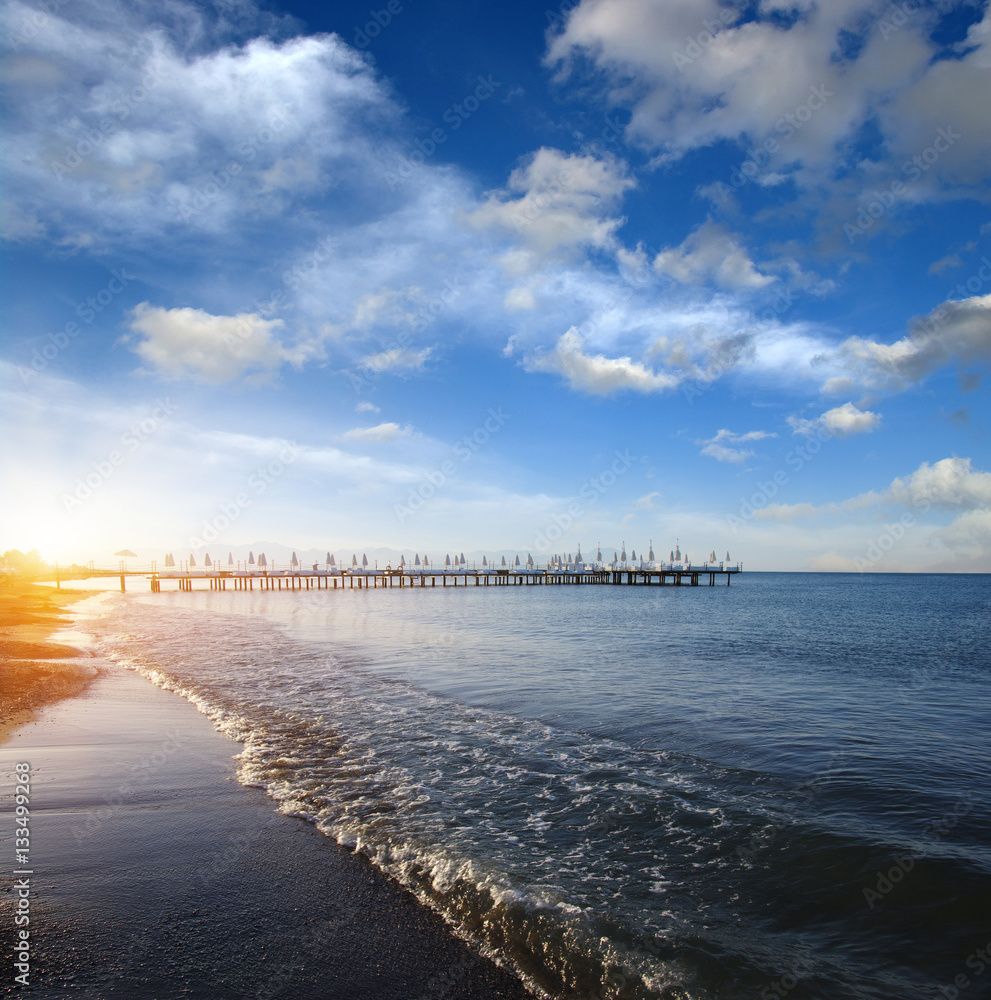 Blue sea on sunset