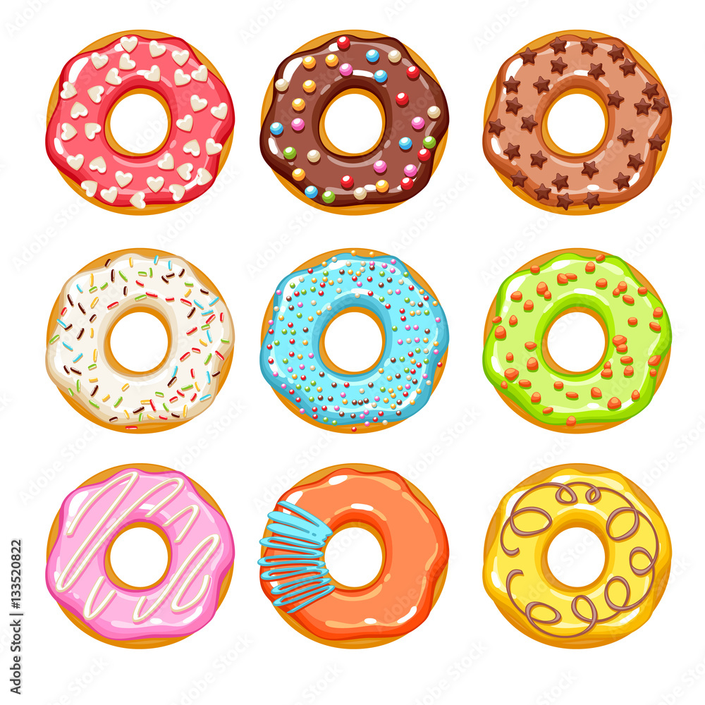 Colorful donuts icons set. Sweet bakery vector.