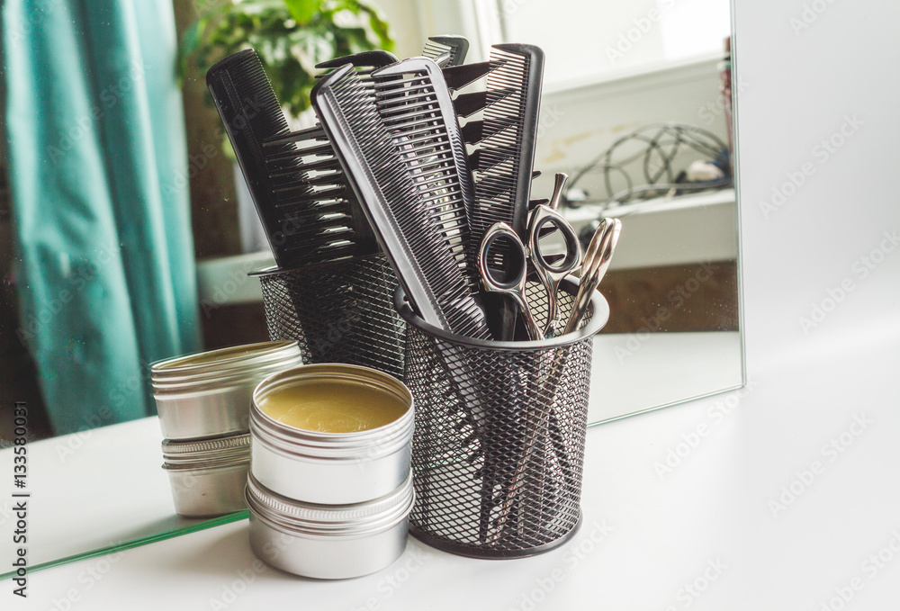 hairdresser working desk preparation for cutting hair