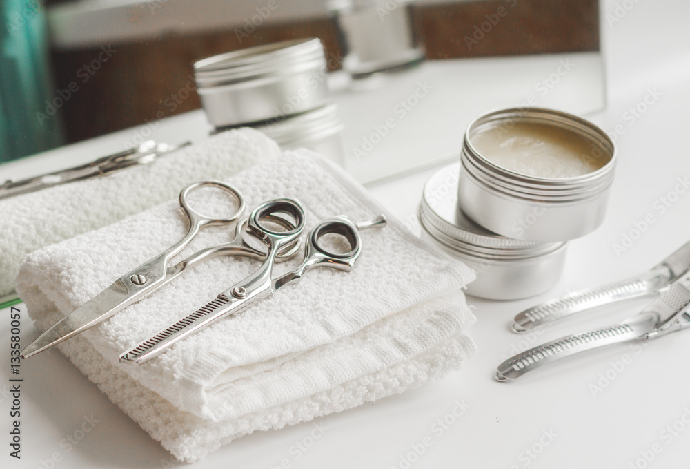 hairdresser working desk preparation for cutting hair