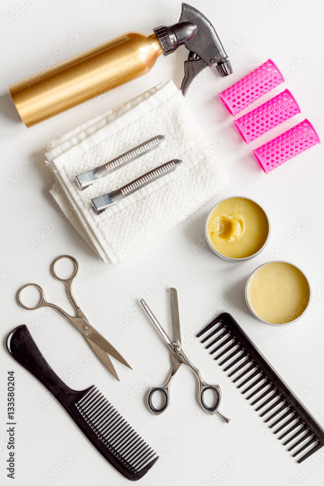 hairdresser working desk preparation for cutting hair top view