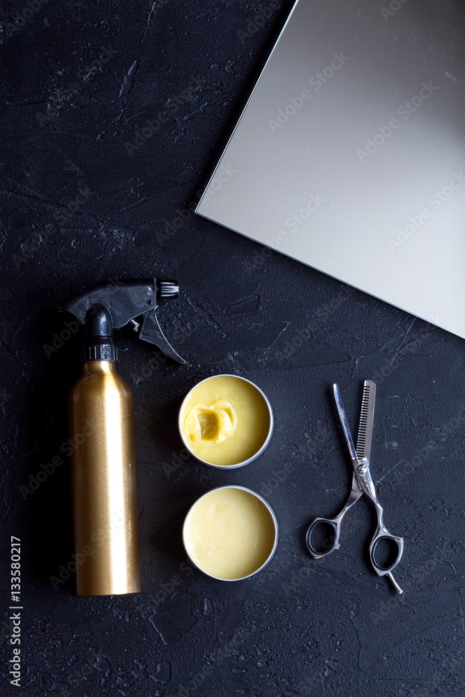 hairdresser working desk preparation for cutting hair top view