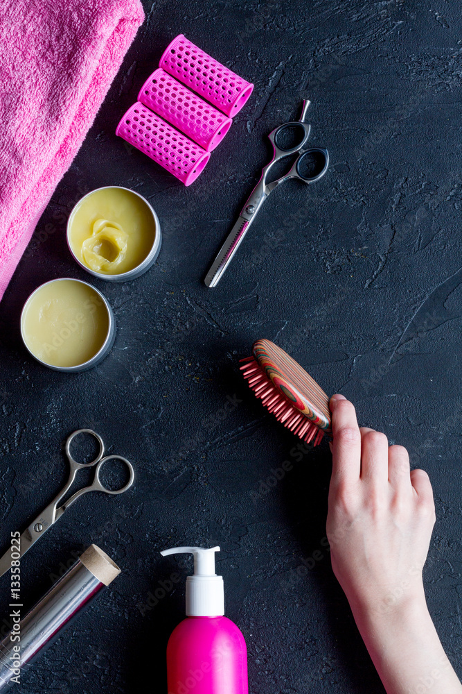 hairdresser working desk preparation for cutting hair top view