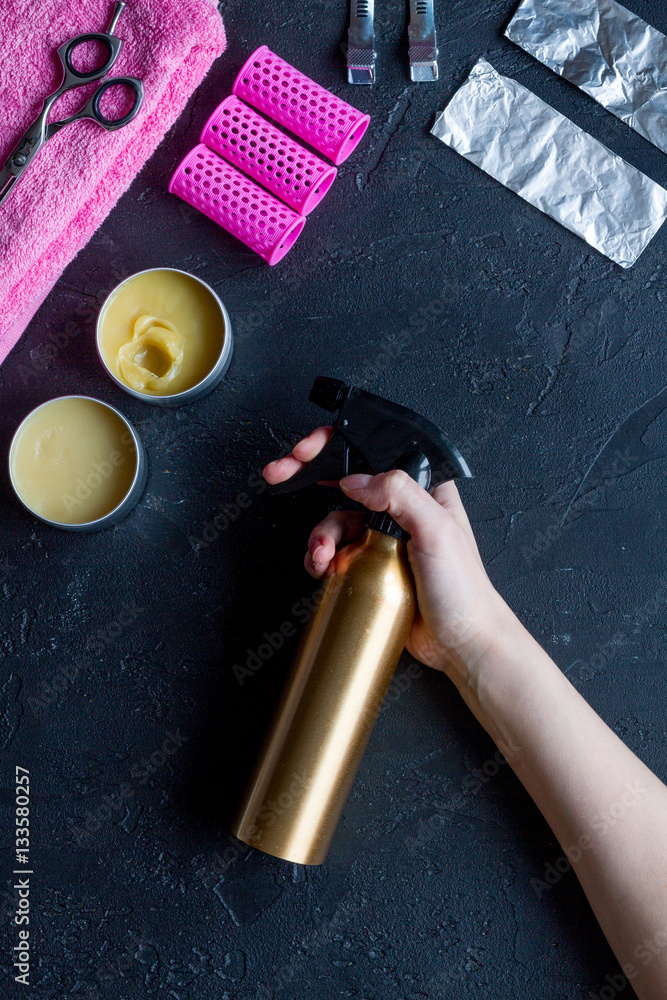 hairdresser working desk preparation for cutting hair top view