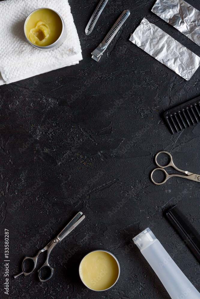 hairdresser working desk preparation for cutting hair top view