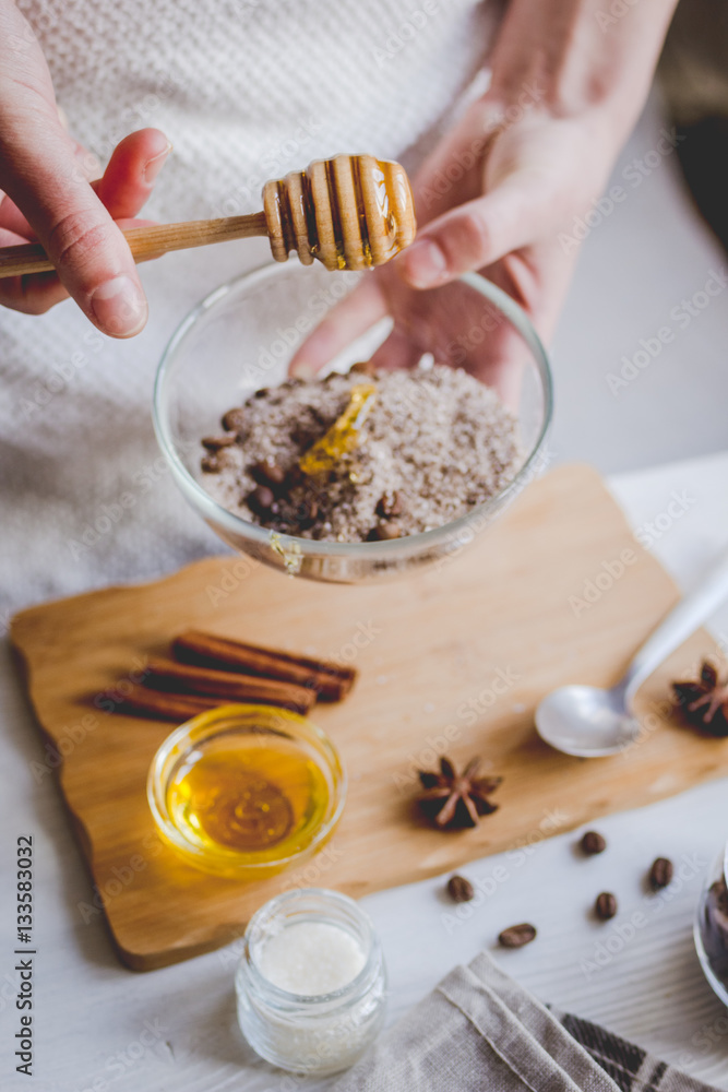 making organic scrub handmade at home with hands