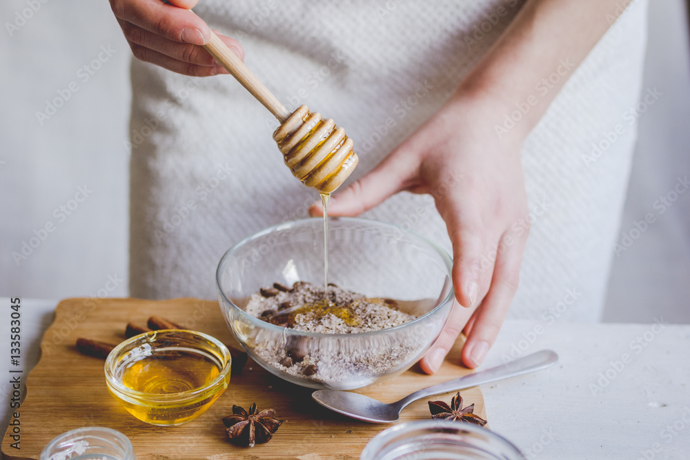 making organic scrub handmade at home with hands