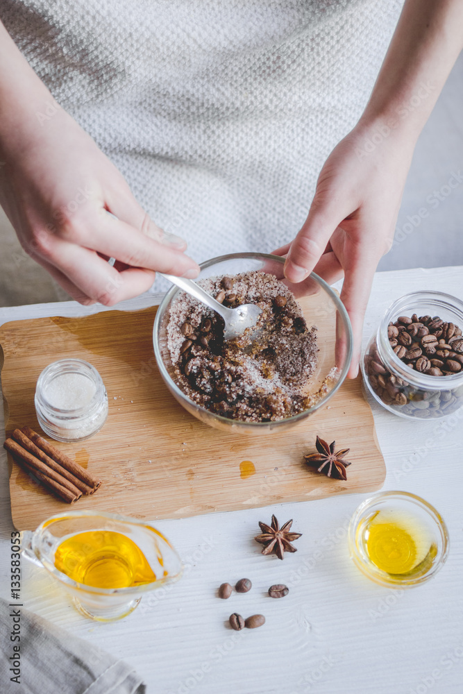 making organic scrub handmade at home with hands