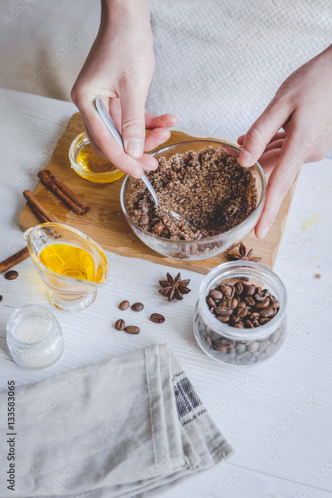 making organic scrub handmade at home with hands