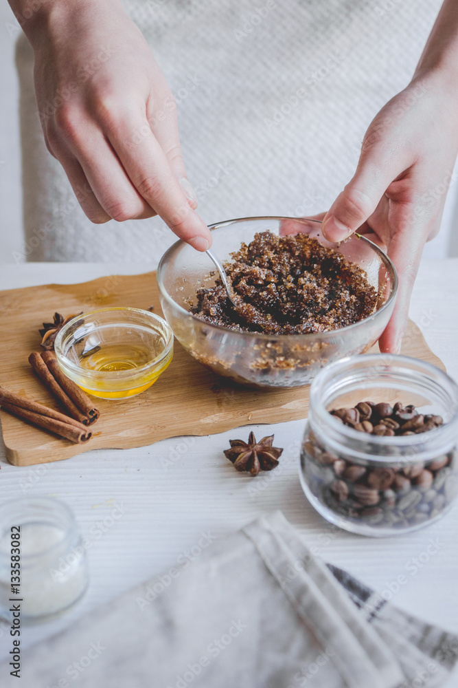 making organic scrub handmade at home with hands