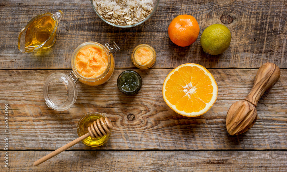 organic citrus scrub homemade on wooden background top view