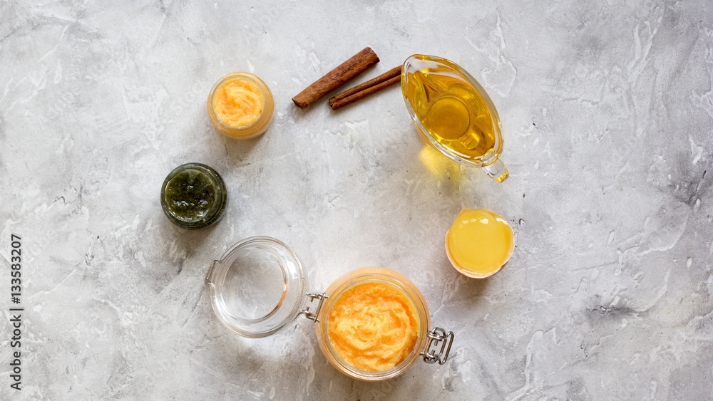 organic citrus scrub homemade on gray background top view