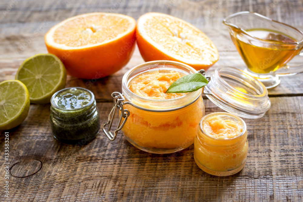 organic citrus scrub homemade on wooden background