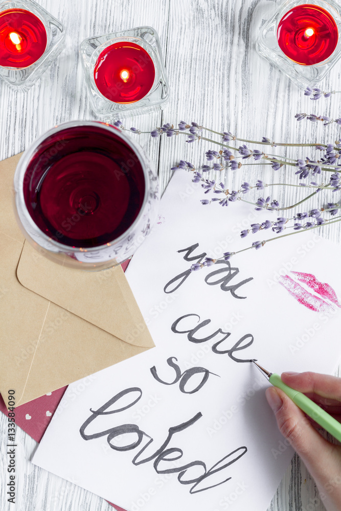 concept Valentines Day love letter wooden background top view