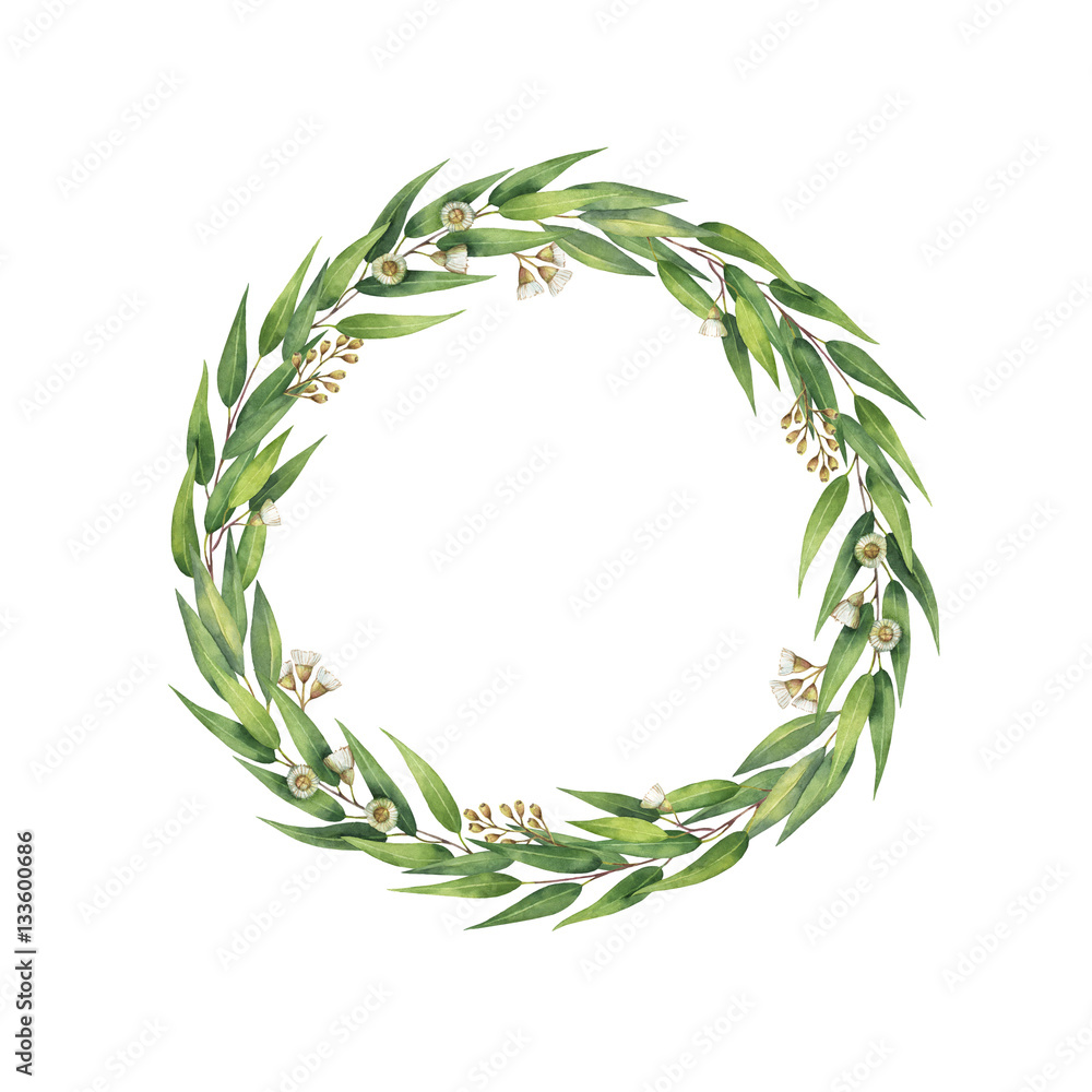 Watercolor hand painted round wreath with eucalyptus leaves and branches.