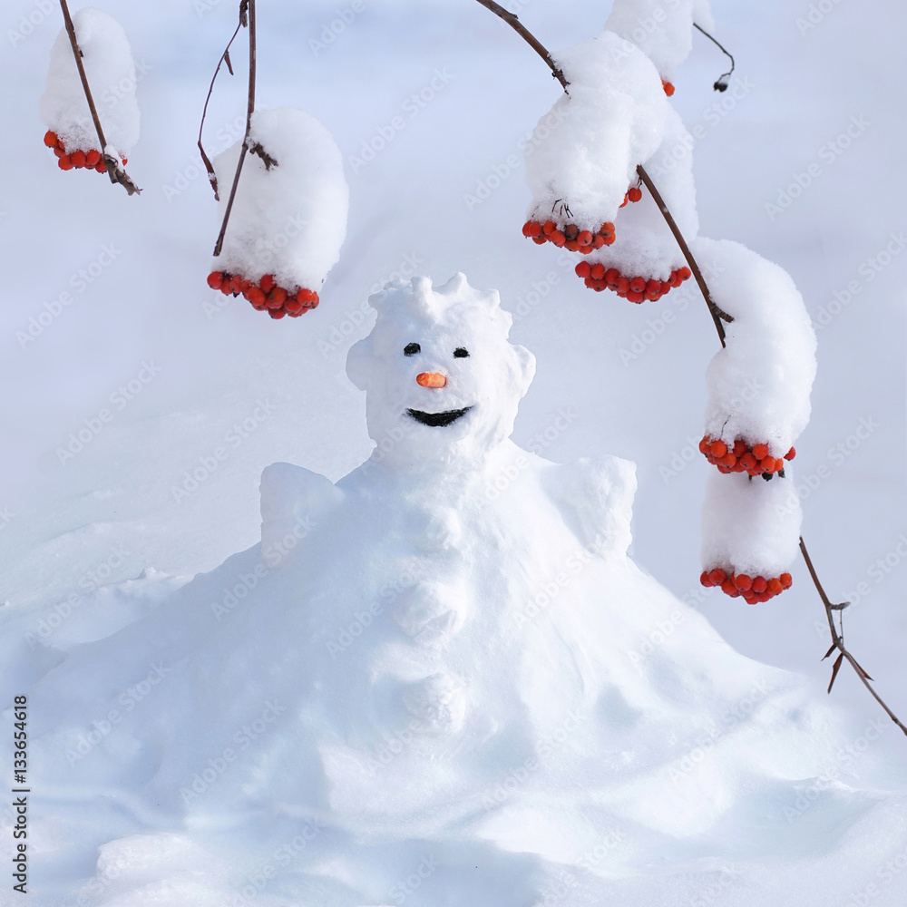 Cheerful snowman in winter outdoors and branches twigs of red rowan berries covered in snow close-up