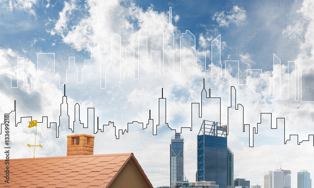 Concept of real estate and construction with drawn silhouette on big city background