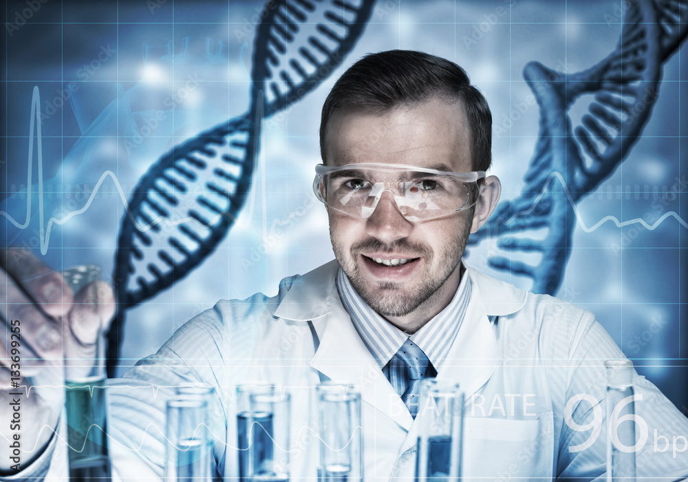 Young scientist mixing reagents in glass flask in clinical laboratory