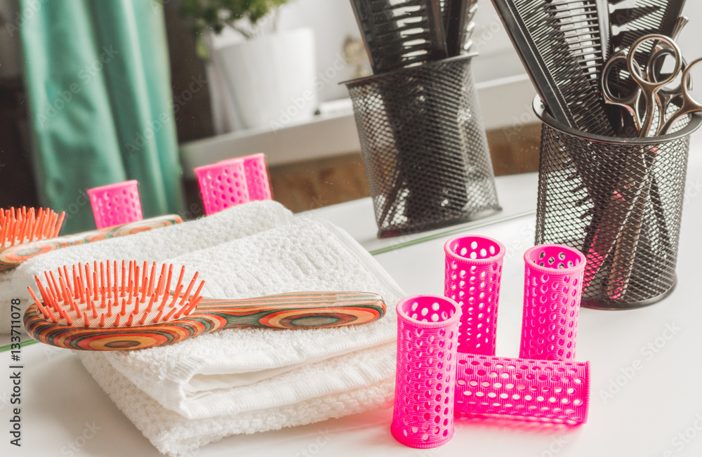 hairdresser working desk preparation for cutting hair