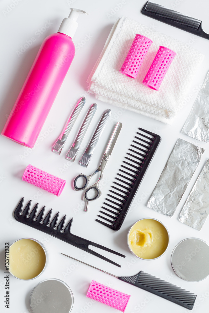 hairdresser working desk preparation for cutting hair top view