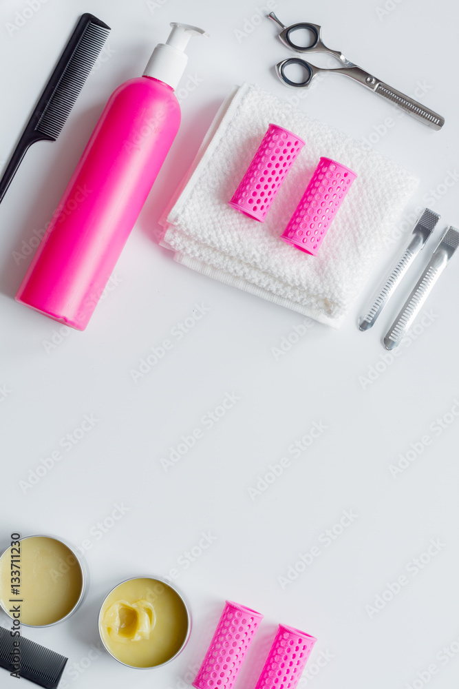 hairdresser working desk preparation for cutting hair top view