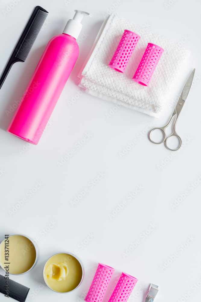 hairdresser working desk preparation for cutting hair top view