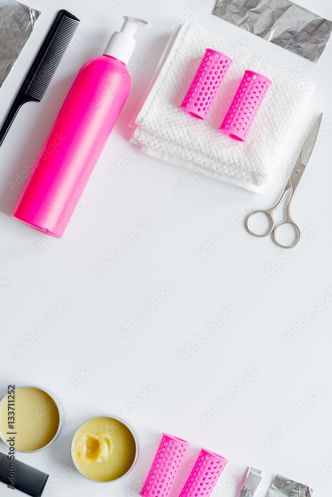 hairdresser working desk preparation for cutting hair top view