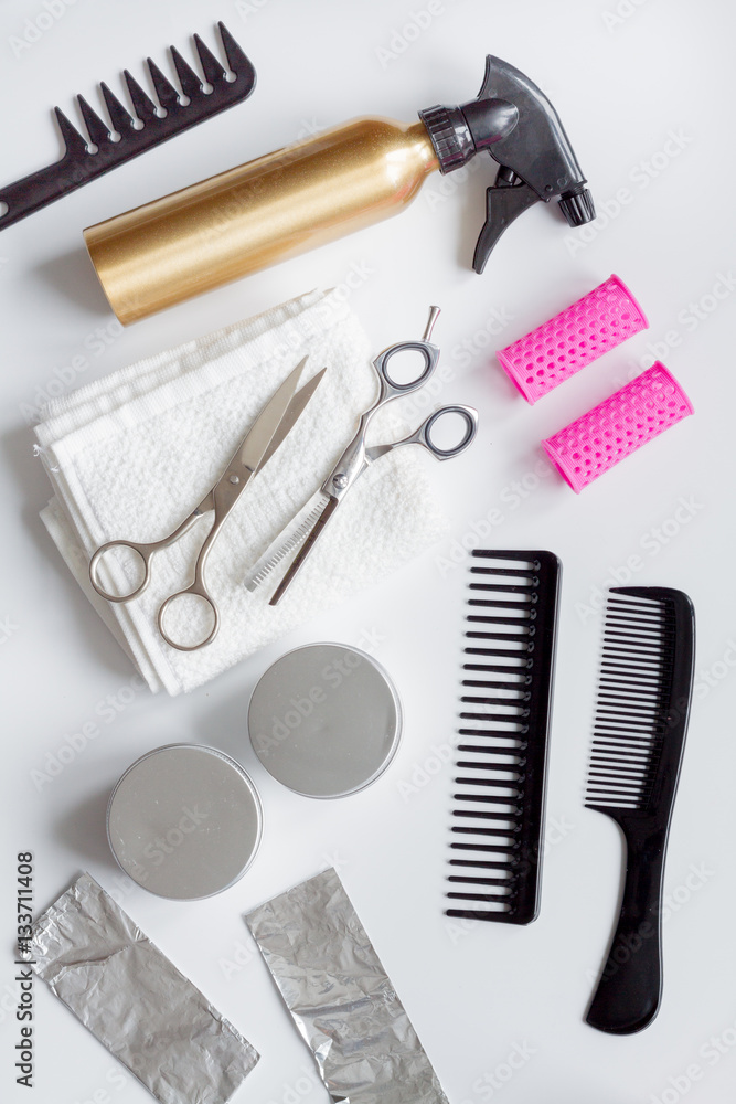 hairdresser working desk preparation for cutting hair top view