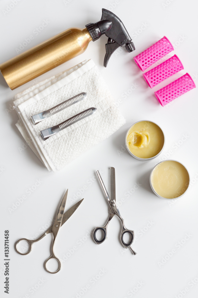 hairdresser working desk preparation for cutting hair top view