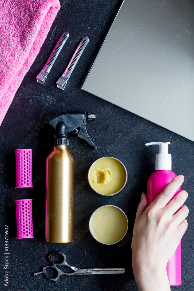 hairdresser working desk preparation for cutting hair top view