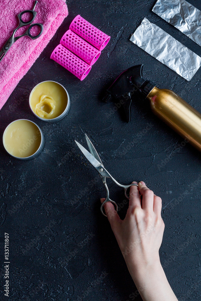 hairdresser working desk preparation for cutting hair top view