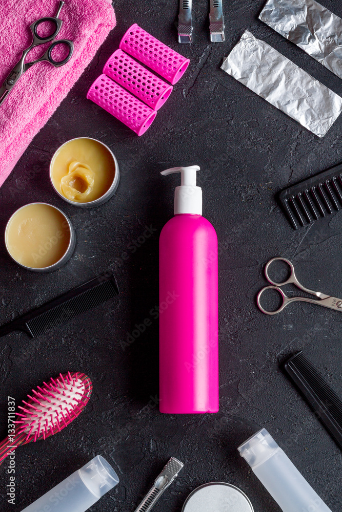 hairdresser working desk preparation for cutting hair top view