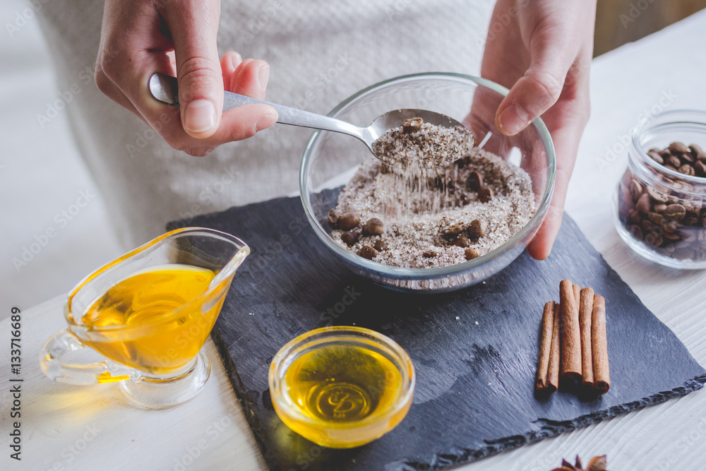 making organic scrub handmade at home with hands