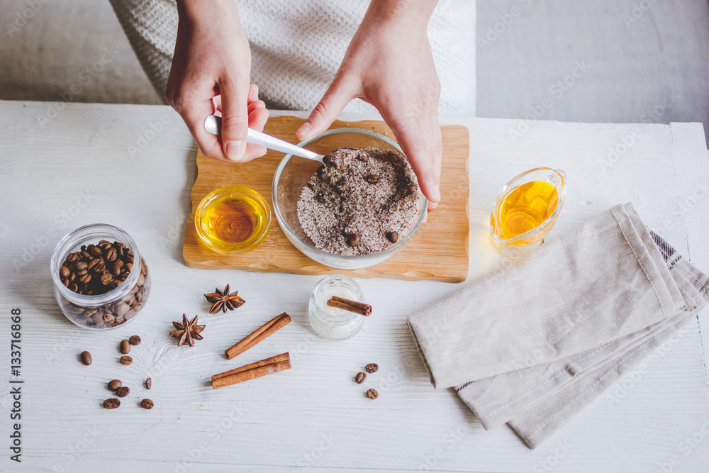 making organic scrub handmade at home with hands