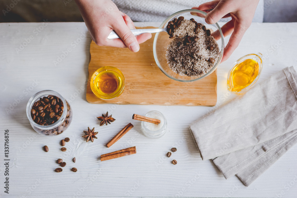 making organic scrub handmade at home with hands