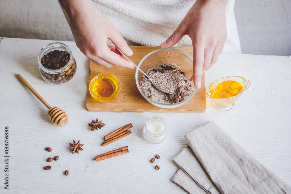 making organic scrub handmade at home with hands